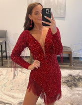 Dark Red Long Sleeves Homecoming Dress With Tassel